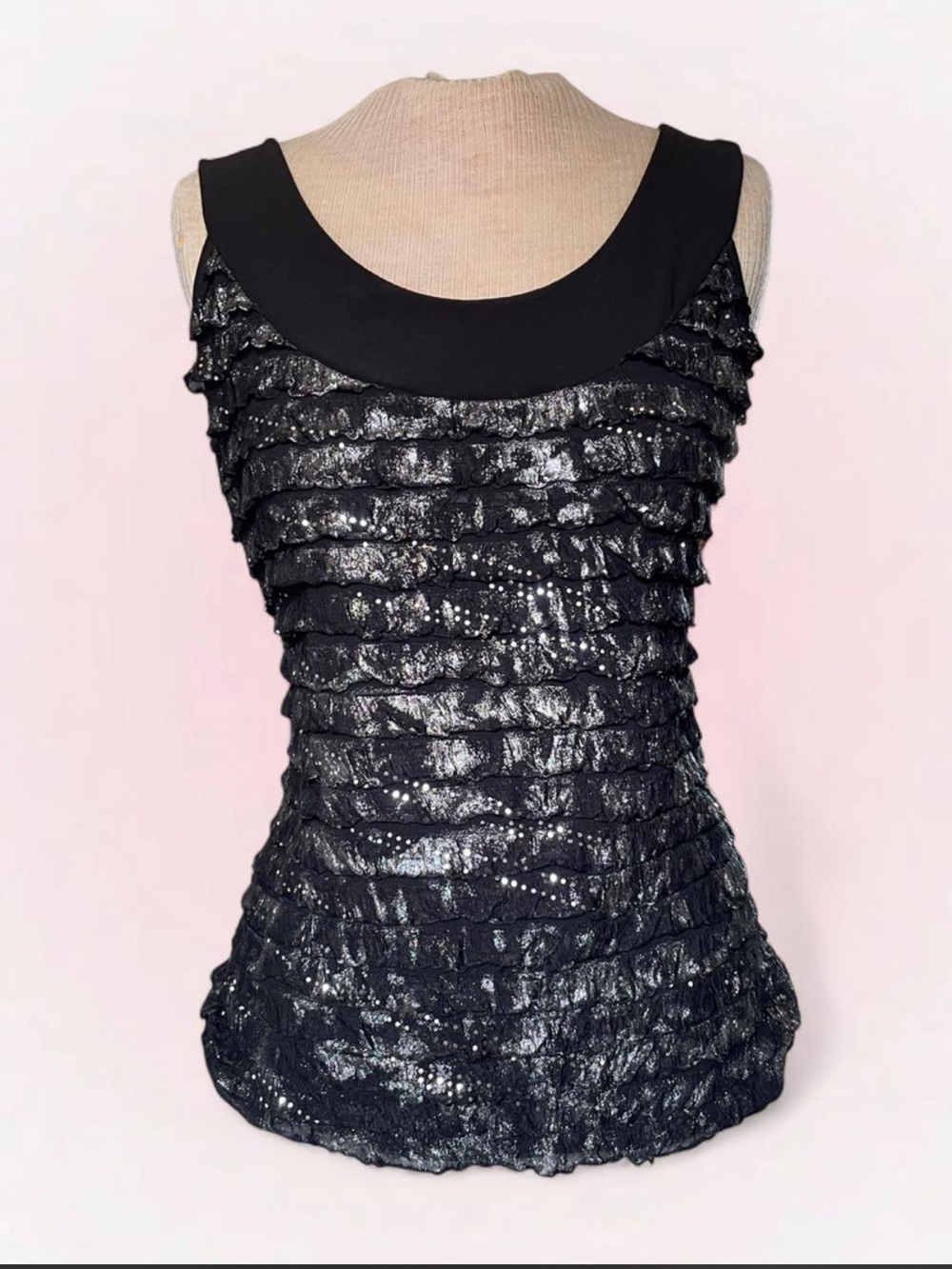 Y2K Black Sequin Ruffle Sleeveless Top